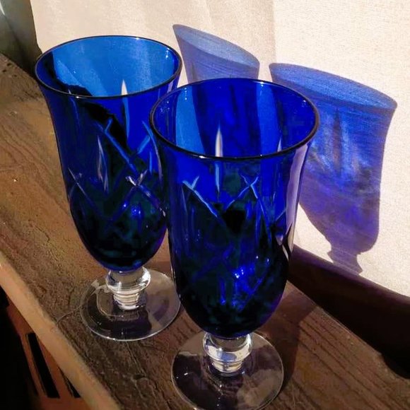 Set of 2 Cut to Clear COBALT BLUE CRYSTAL CHAMPAGNE/Wine FLUTES/Goblets - Picture 9 of 10